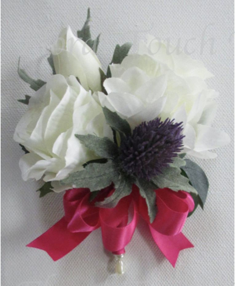 Ivory Silk Roses with Lifelike Eryngium Thistle